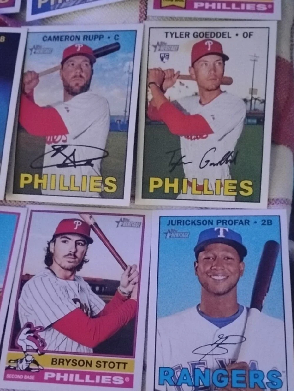 Autographed(7)Phillies Baseball Trading Card Lot - Pink and Blue Vintage Style